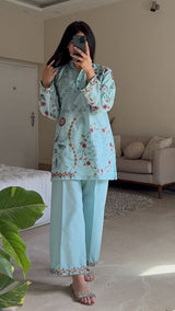 Ice Blue Embroidered co ord set