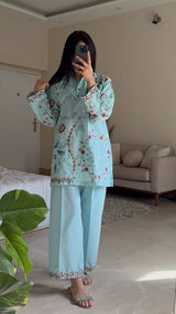 Ice Blue Embroidered co ord set