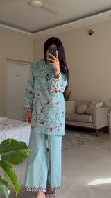 Ice Blue Embroidered co ord set