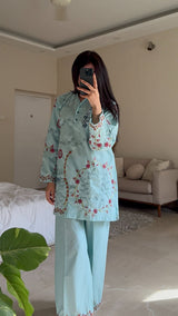 Ice Blue Embroidered co ord set