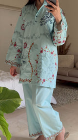 Ice Blue Embroidered co ord set